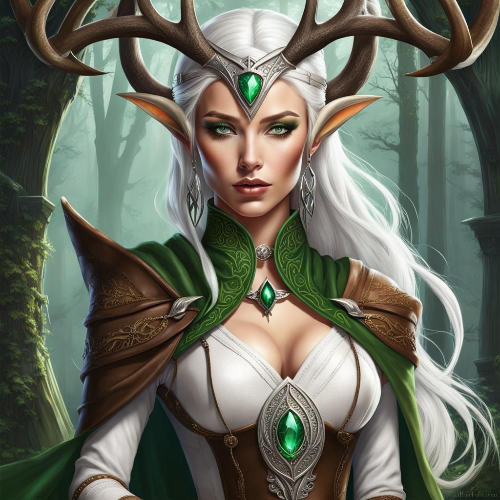 view of an elven woman with deer horns glued to her forehead, elf woman with green eyes, beautiful woman, maginific woma...