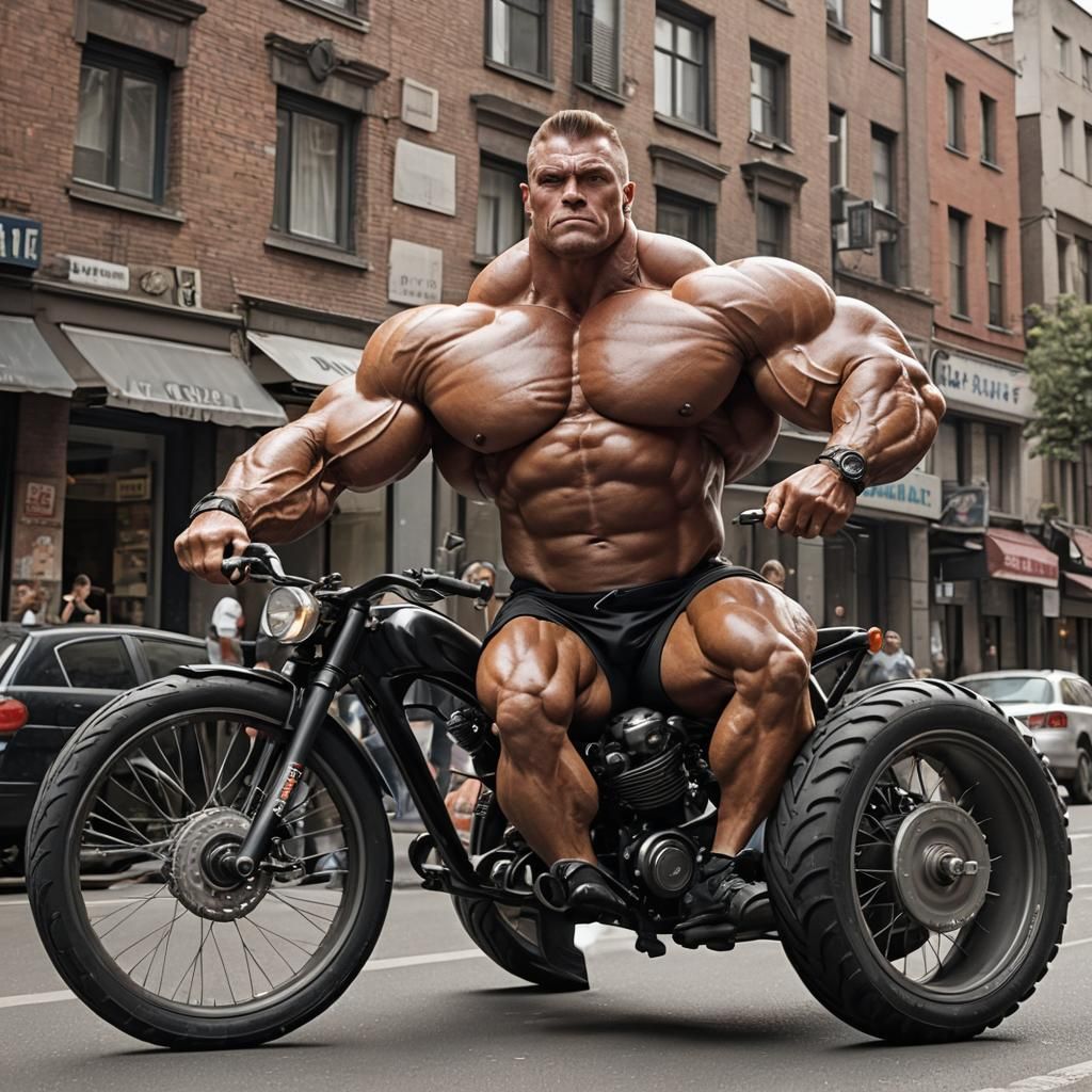 Humorous Bodybuilder on Tiny Three-Wheeler Bicycle