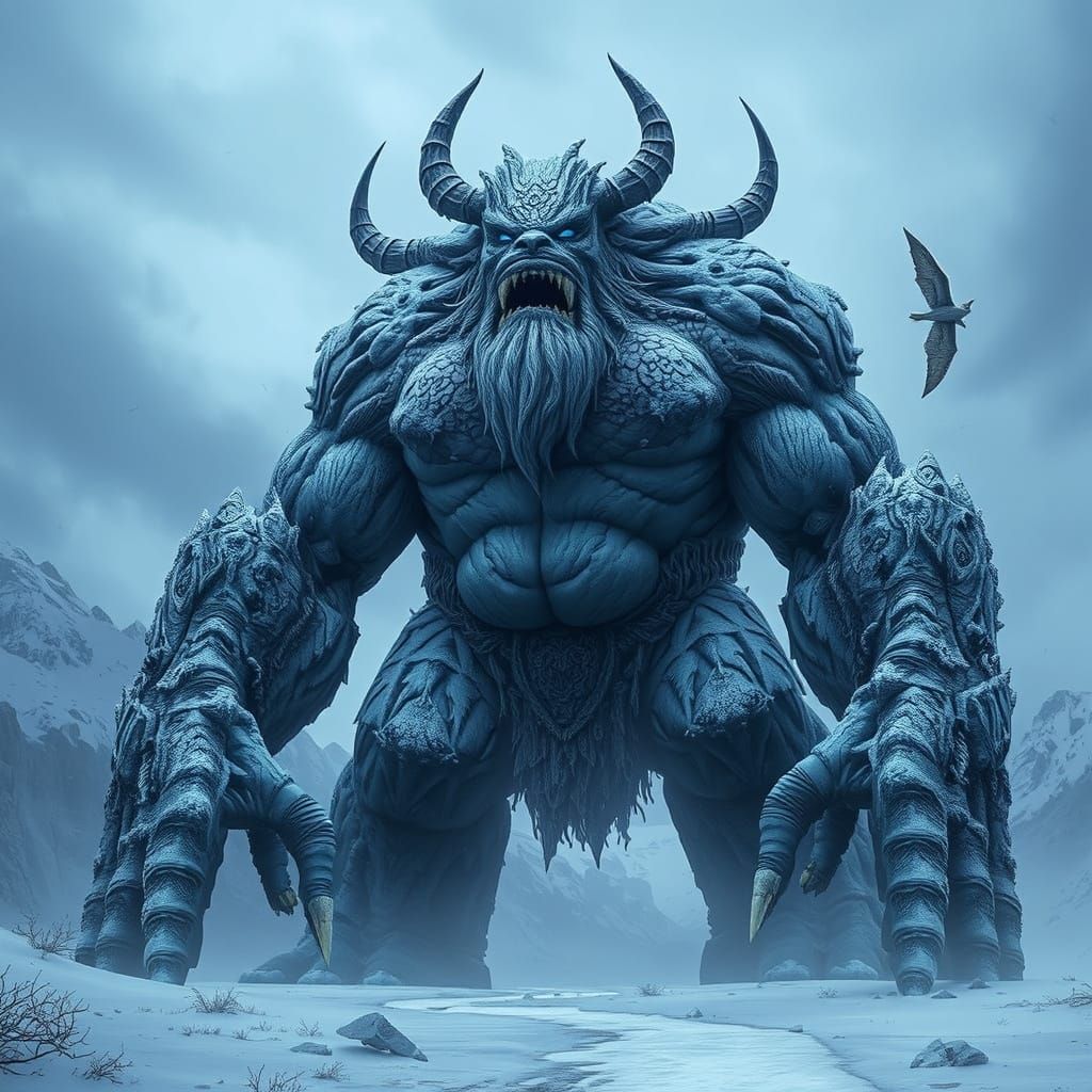 Giant of Norse Mythology Stands in Frozen Tundra