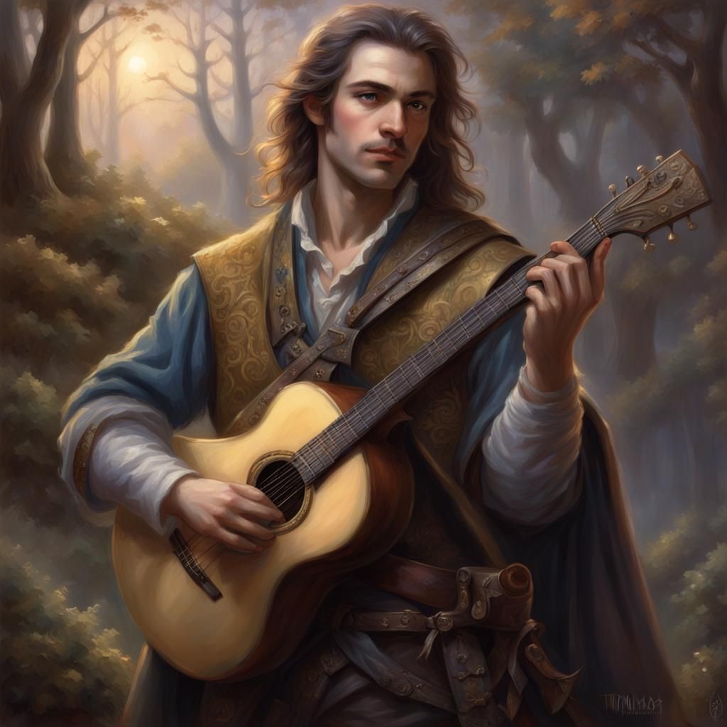 Ethereal Half-Elf Bard with Acoustic Guitar