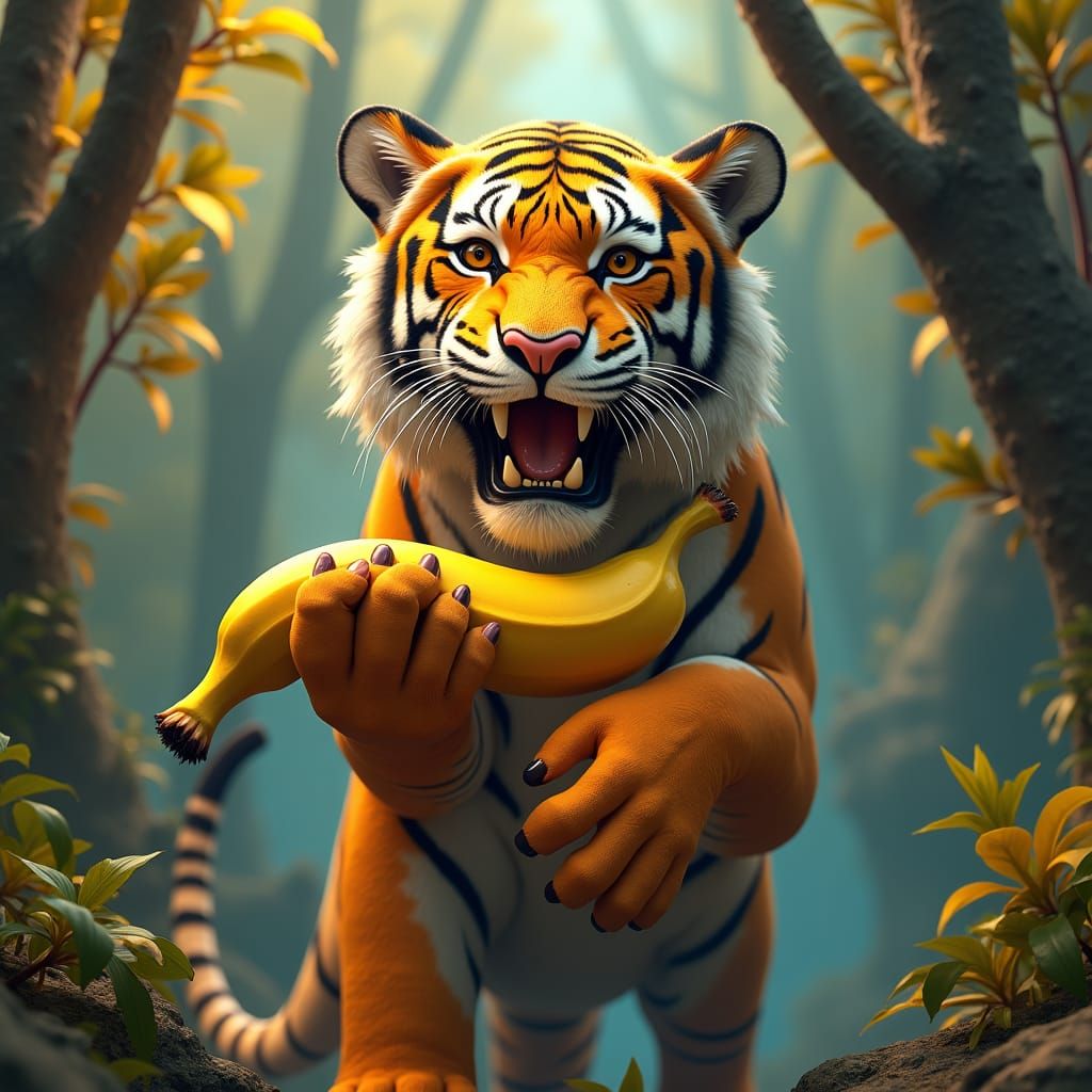 Tiger Paw Holds Banana in Fantasy Realm