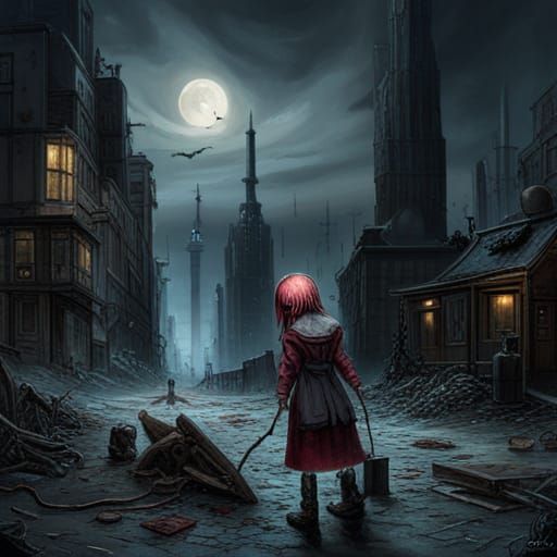 Cyberpunk Horror Girl Scene with Monsters and Blood