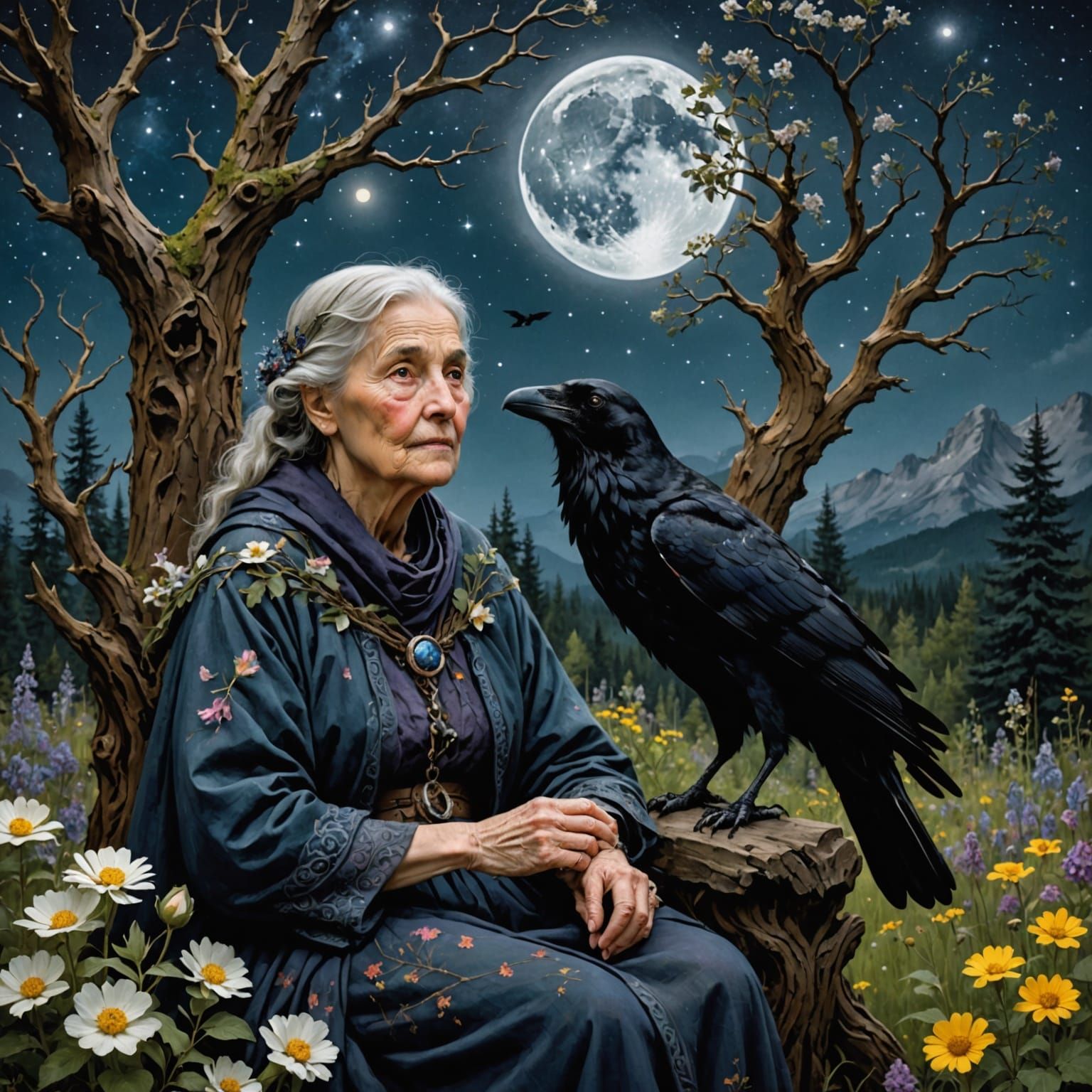 Old Woman, Raven, Wolf in Moonlit Garden