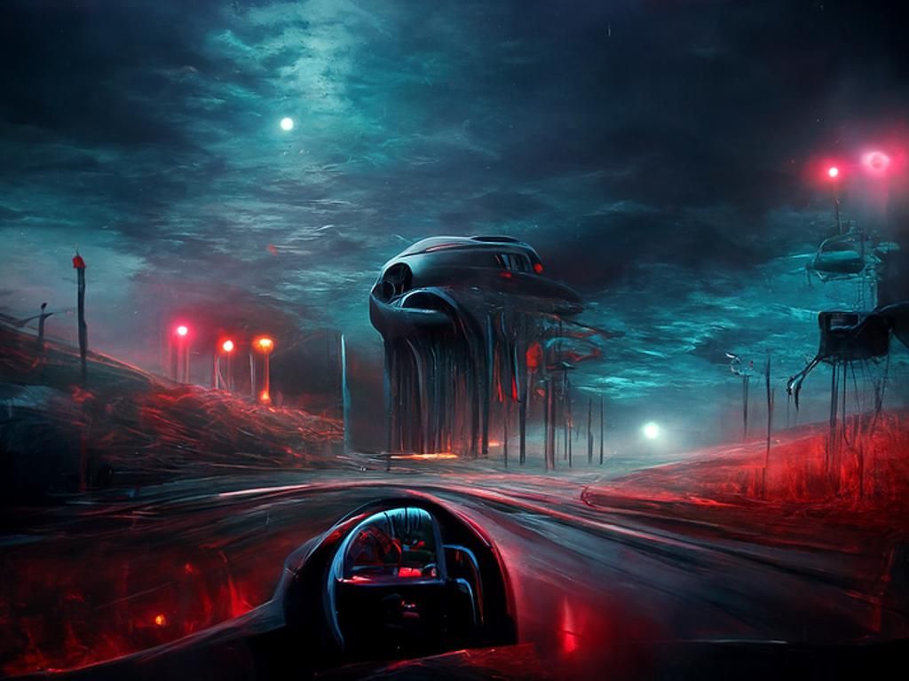 Creepy Night Drive in Surreal Digital Art Style