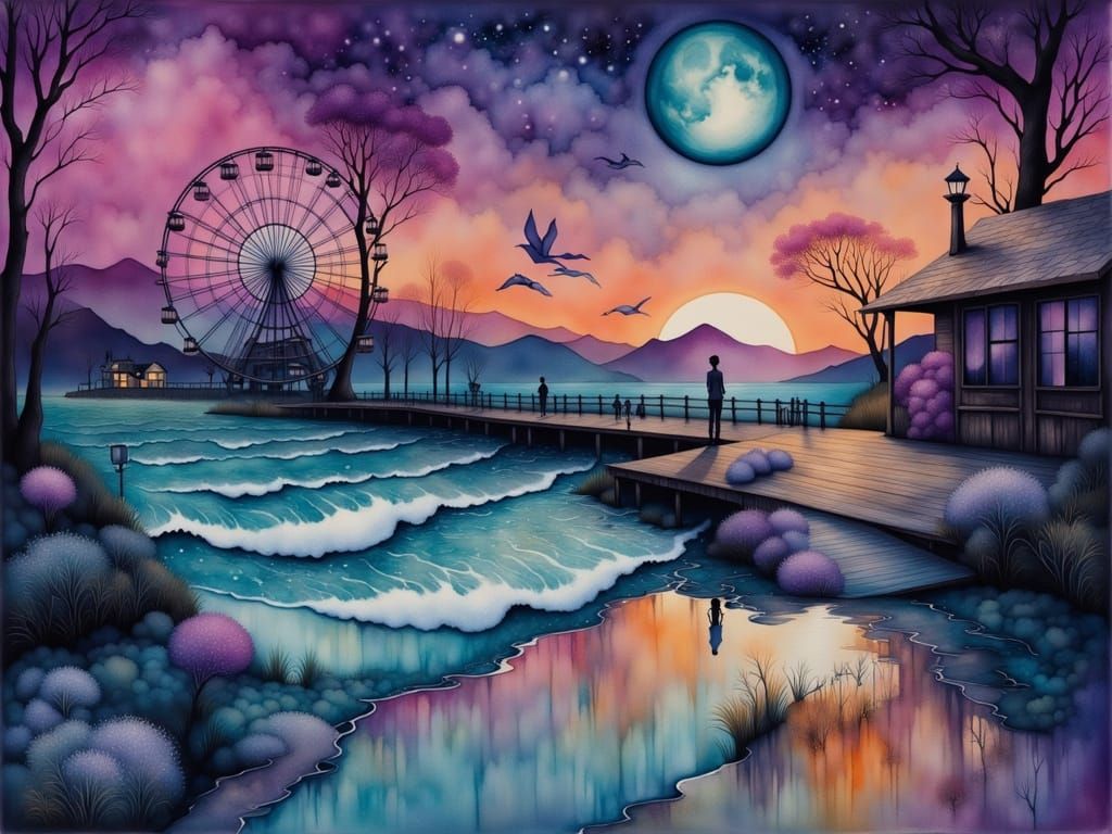 Imagine a quiet boardwalk scene with glowing signs, ferris w...