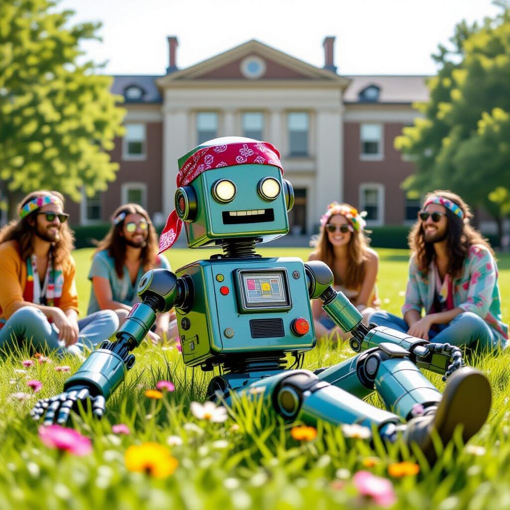 Friendly Flower Child Robot with Hippie Friends