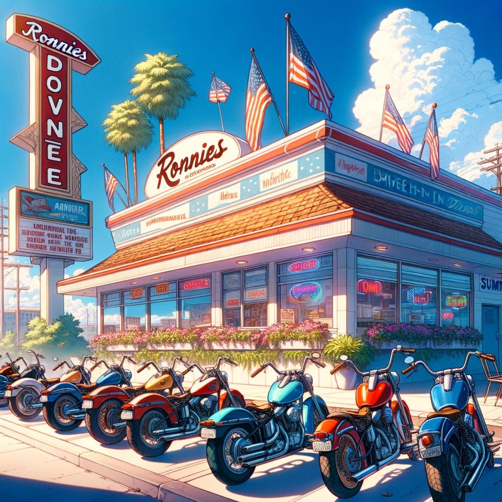 Ronnies Drive-In Diner in Vibrant Anime Style