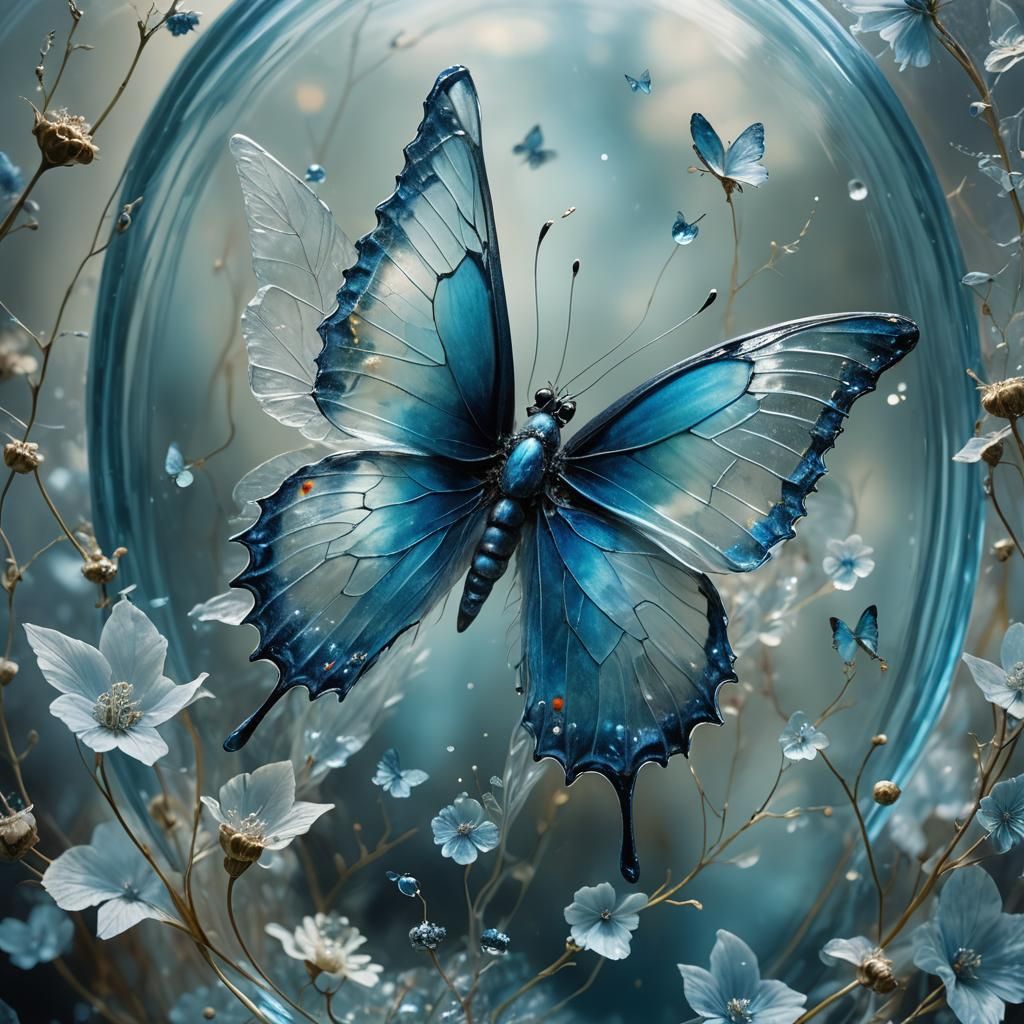 blue butterfly in transparent Majestic glass