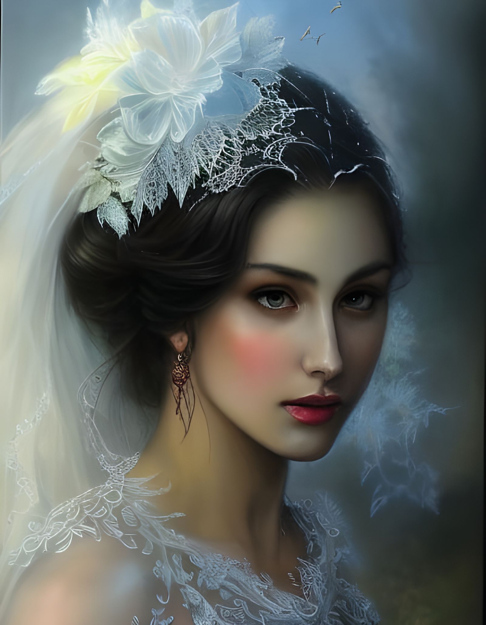 Beautiful Bride in White Lace Dress, Watercolor Art