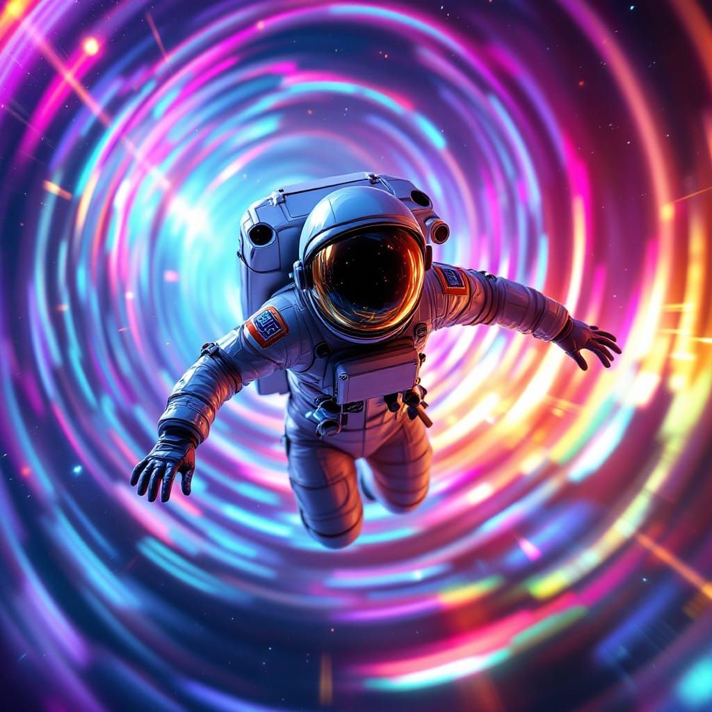 Sleek Astronaut Glides Through Vibrant Wormhole