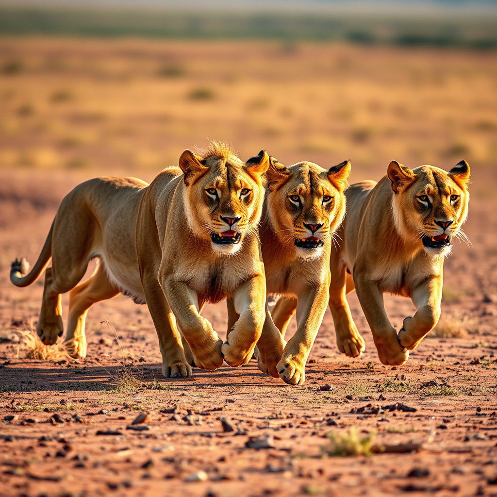 Majestic Lions Roam the African Savannah in Warm, Golden Lig...