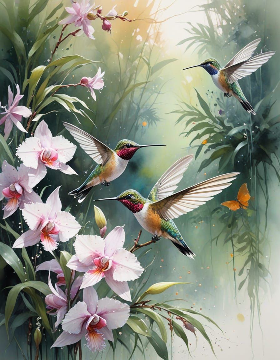 Hummingbird in Orchid Grove with Peach Wash