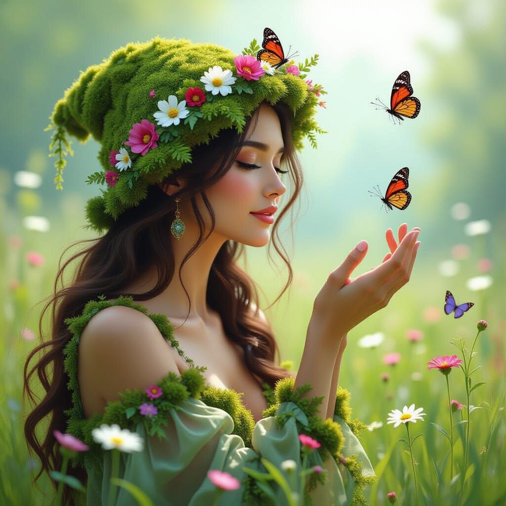 Moss Woman Reaching for Butterflies in Magical Realism