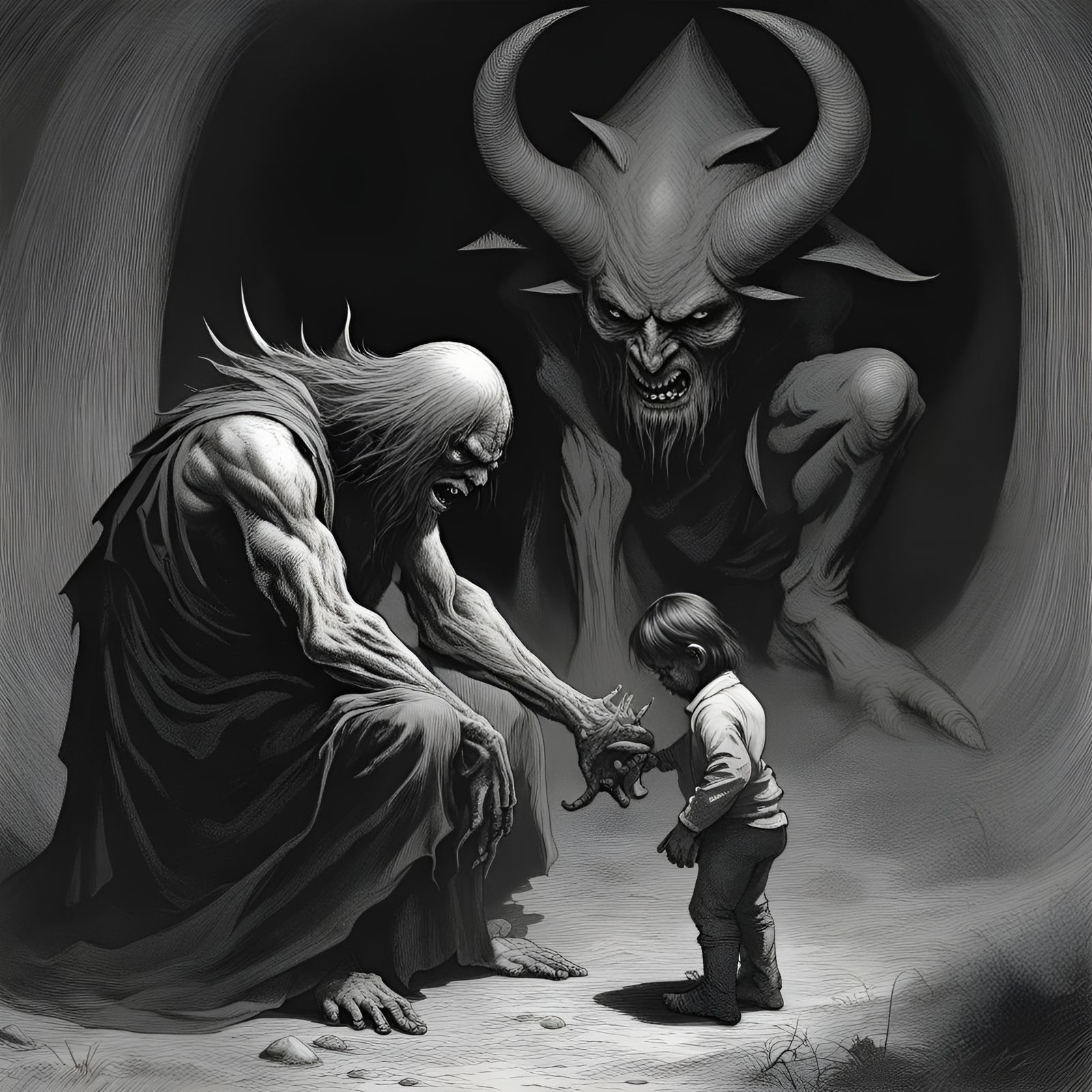 Giant Demon Plays with Tiny Man in Grayscale Horror Style