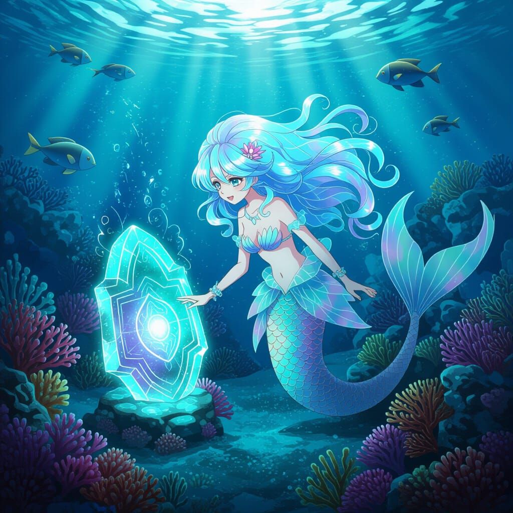 Mermaid Discovers Cosmic Artifact Underwater in Anime Style