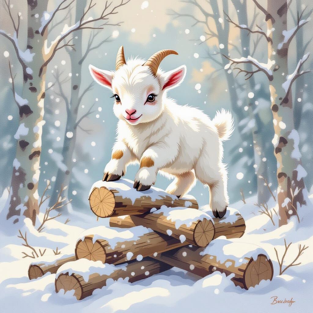 Baby Goat Balances on Snow Logs in Winter Forest