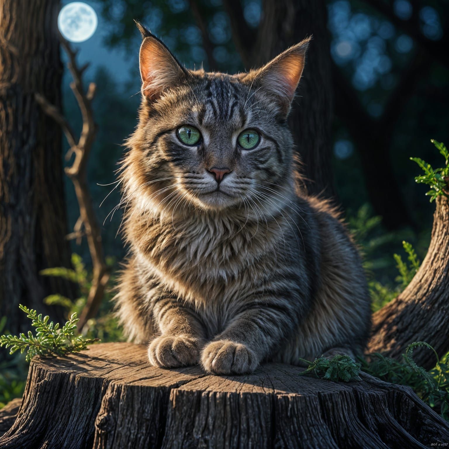 Realistic Cat on Moonlit Tree Stump