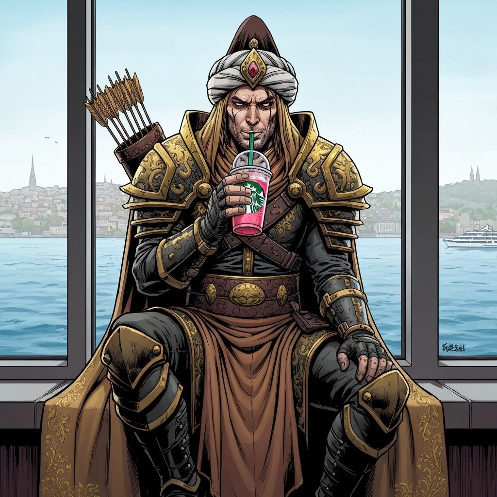 Hunter Sipping Starbucks Overlooking Bosphorus, Comic Style
