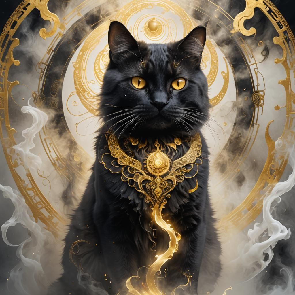 Black Smoke Cat in Techno Shamanism Style