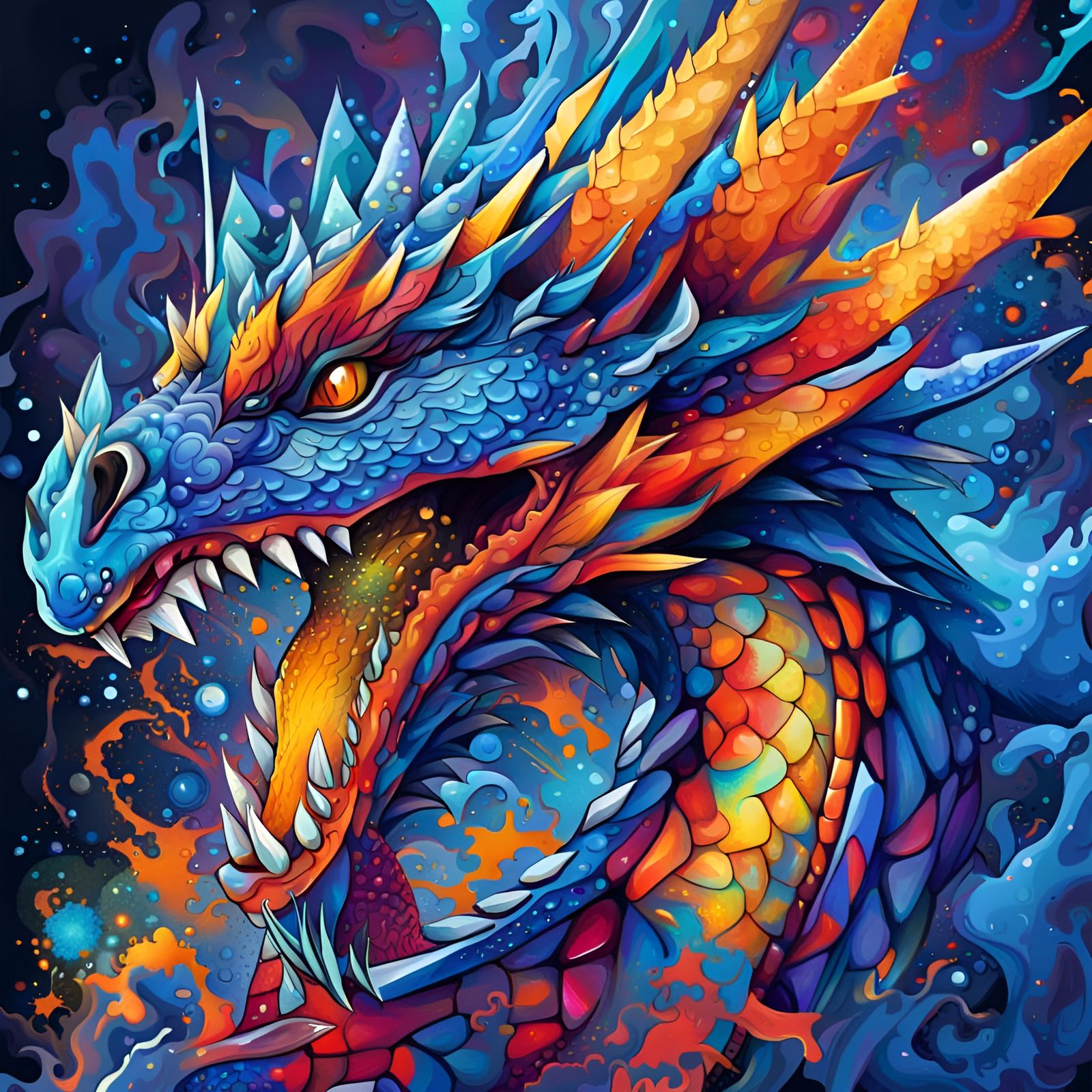 a blue dragon with scales and spikes bursting flames out of ...