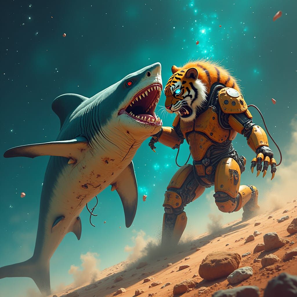 Zombie Shark vs Robot Tiger in Space