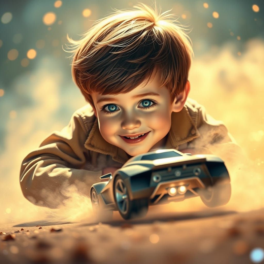 Joyful Boy Celebrating Birthday with RC Car in Whimsical Lan...
