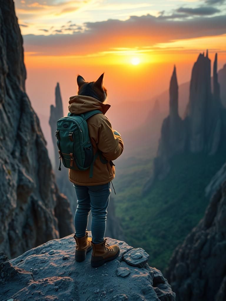 Cat Researcher Surveys Alien World at Sunset