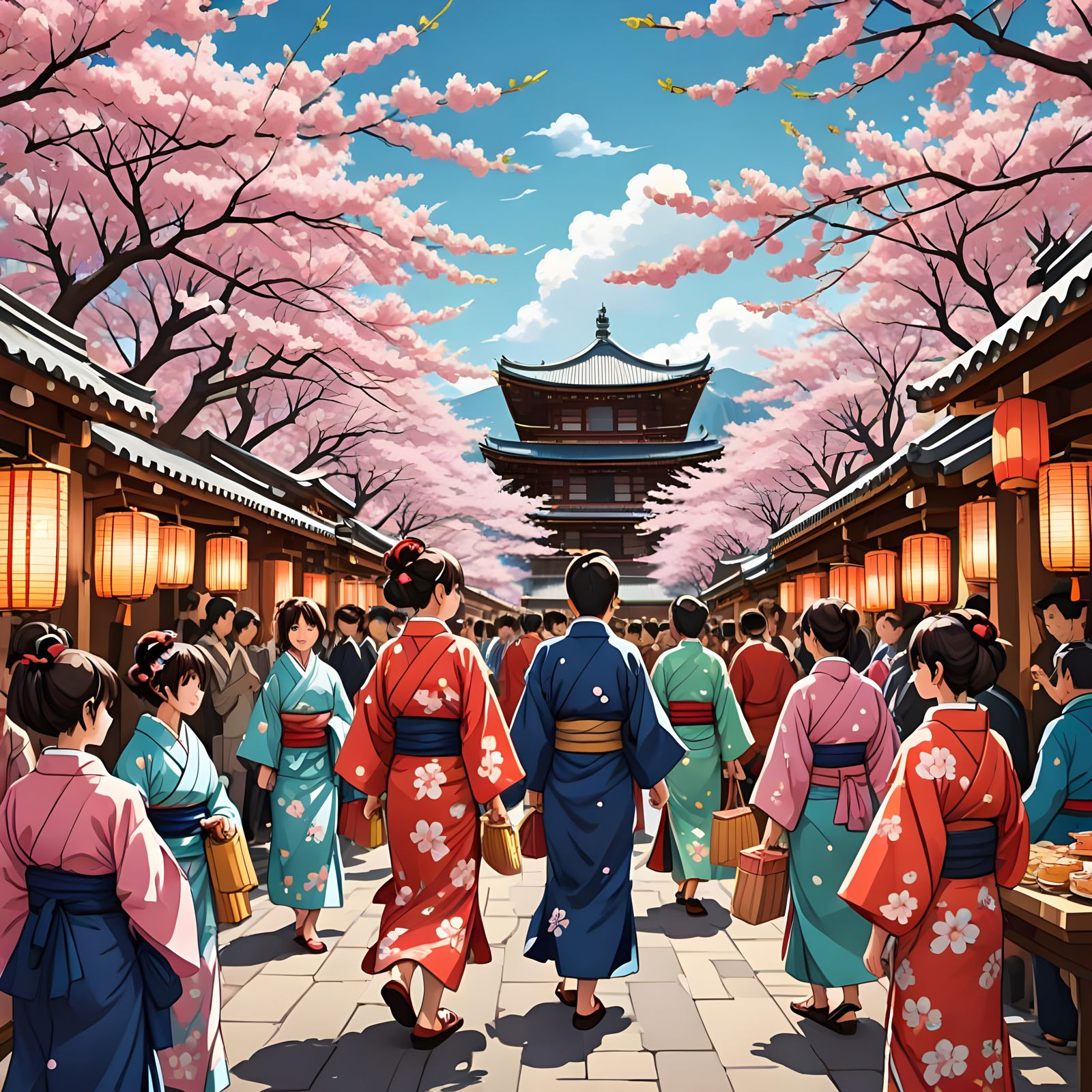 Vibrant Cherry Blossom Festival in Anime Style