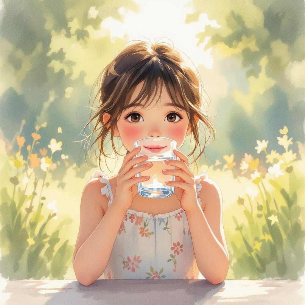 Girl Sipping Water in Dreamy Watercolor Style
