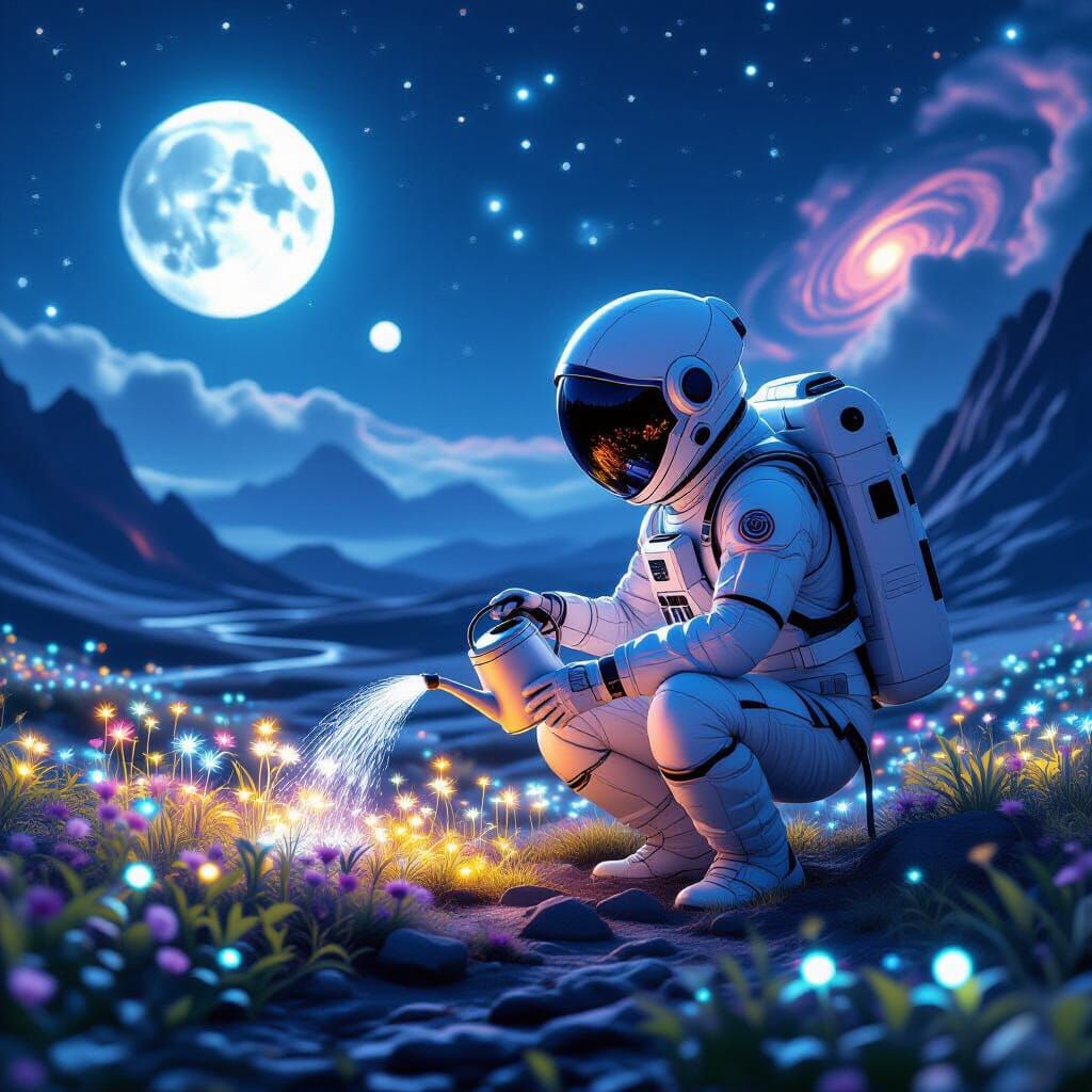 Astronaut Tends Alien Garden Under Twin Moons