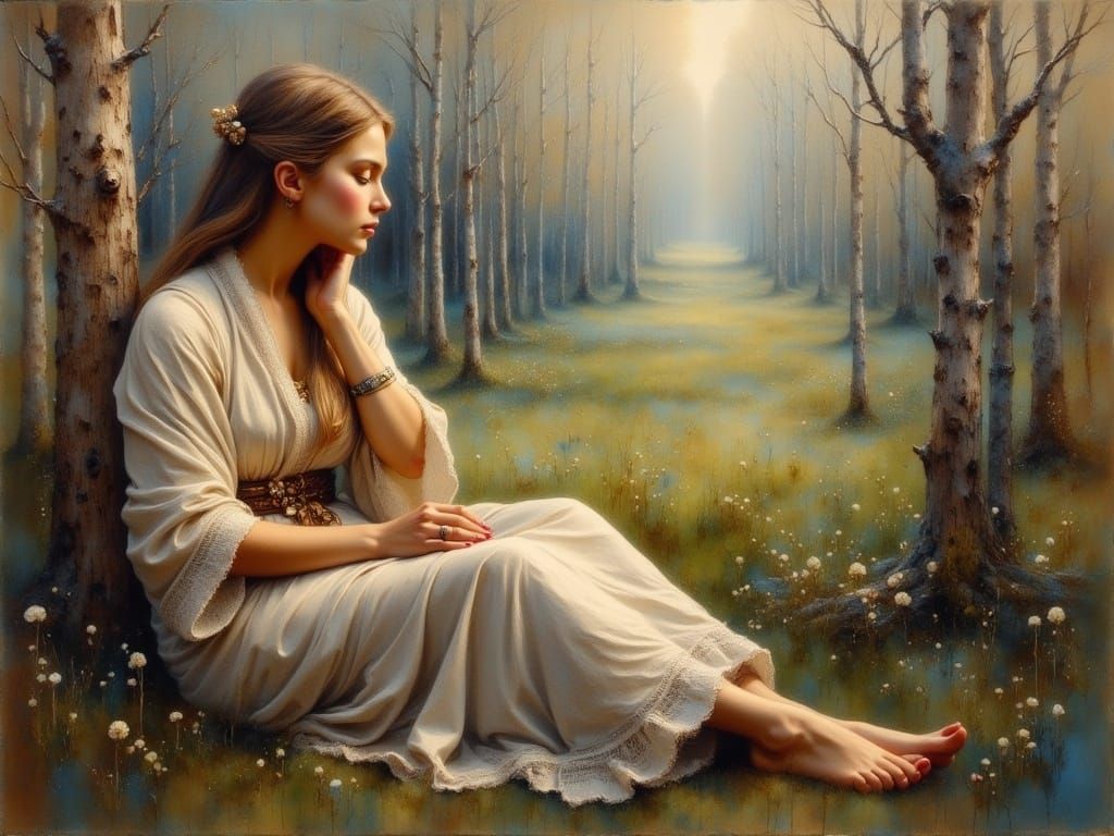 Medieval Goddess Contemplation in Impasto Gouache Style