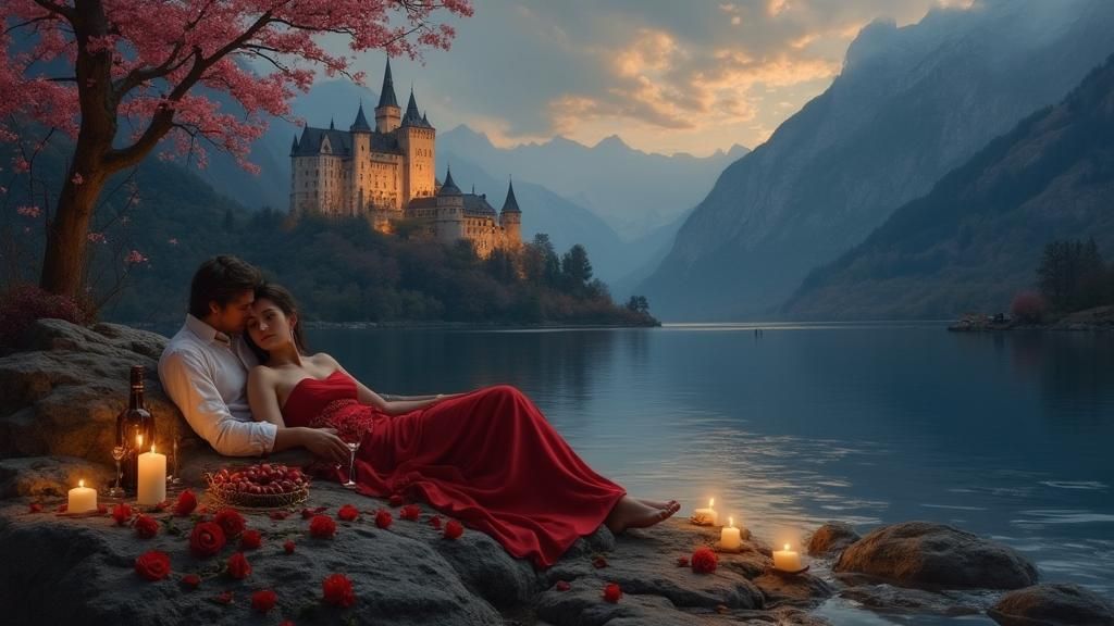 Romantic Riverside Castle at Night in Oil Painting