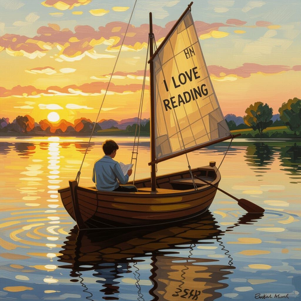 Boy Reads on Sailboat Desk in Golden Sunset Lake