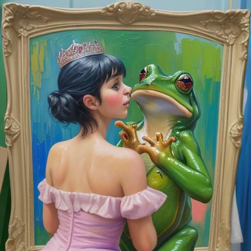 Princess Kisses Frog: Neo-Impressionist Oil Painting