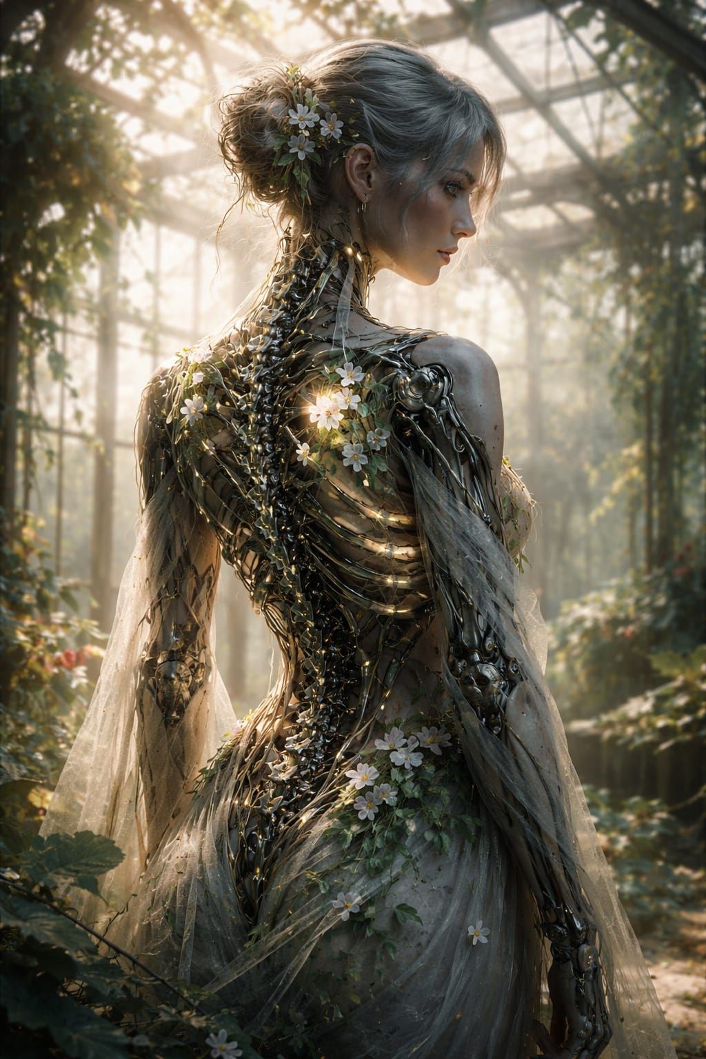 Poetic Biomechanical Cyborg in Ruined Greenhouse