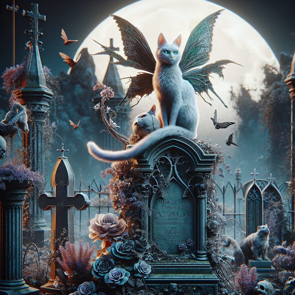 Gothic Cat Fairy on Tombstone in Hyperrealistic Style