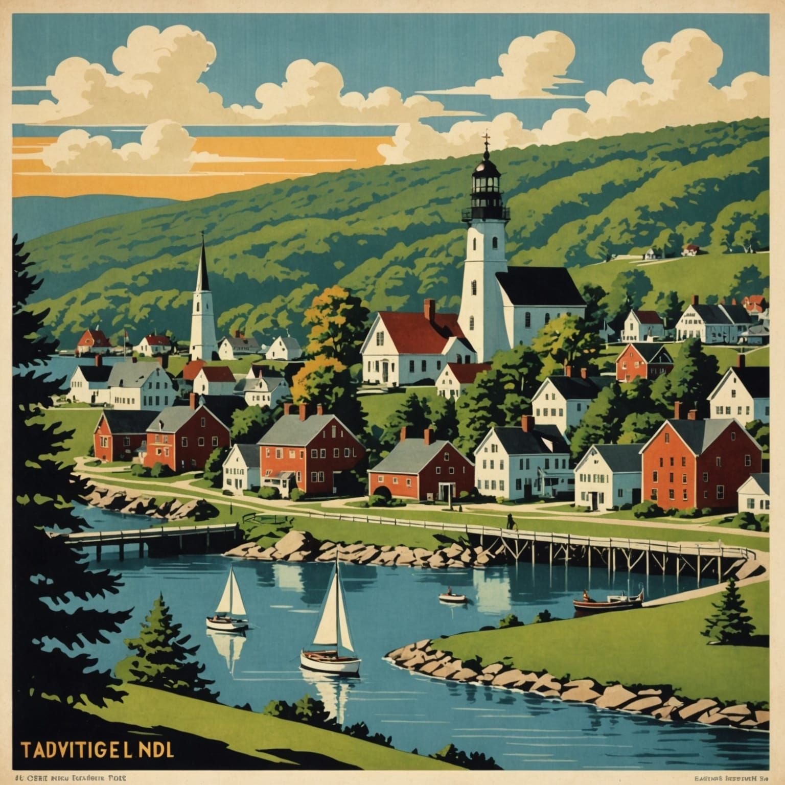 Charming New England Town Vintage Travel Poster