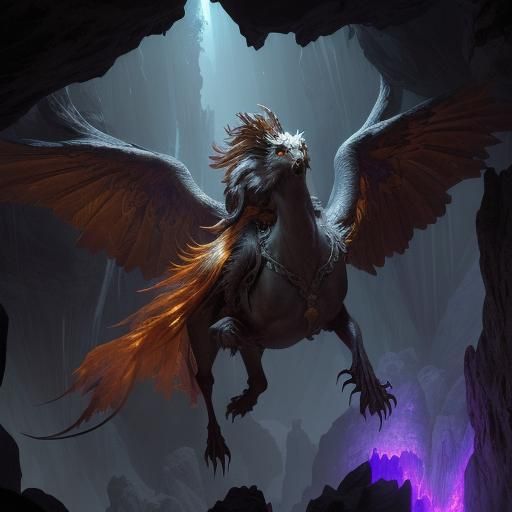 Majestic Phoenix Illuminates Dark Cave: Fantasy Art