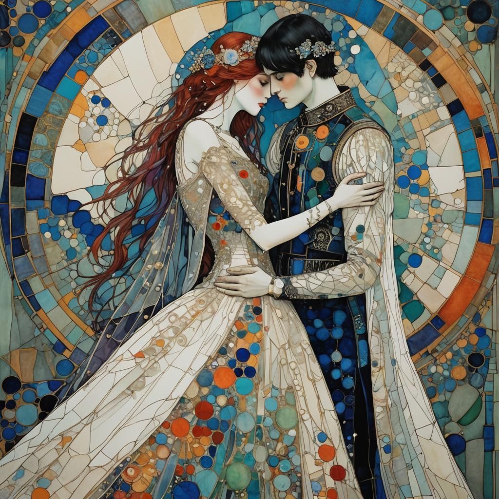 Lovers Embracing in Abstract Art Style
