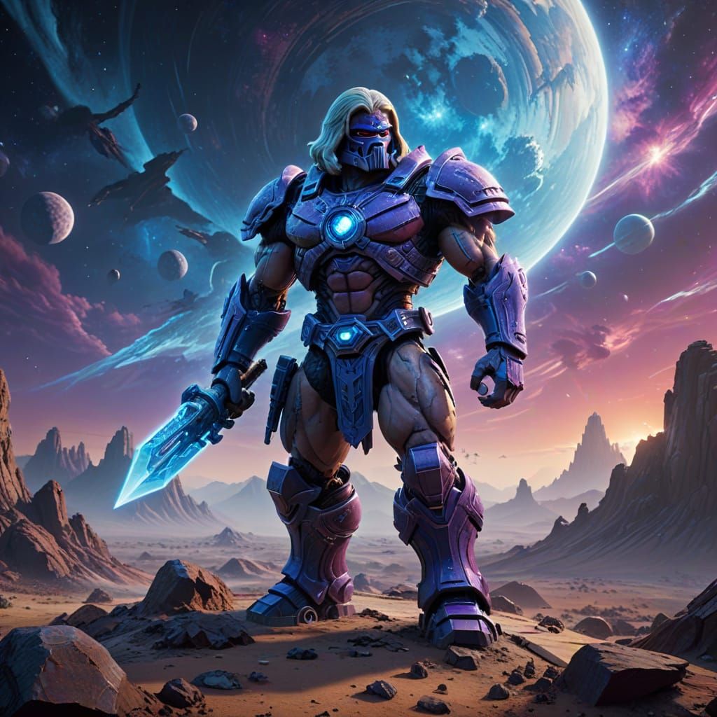 He-Man Lego Figure on Alien Planet in Nebula Sky