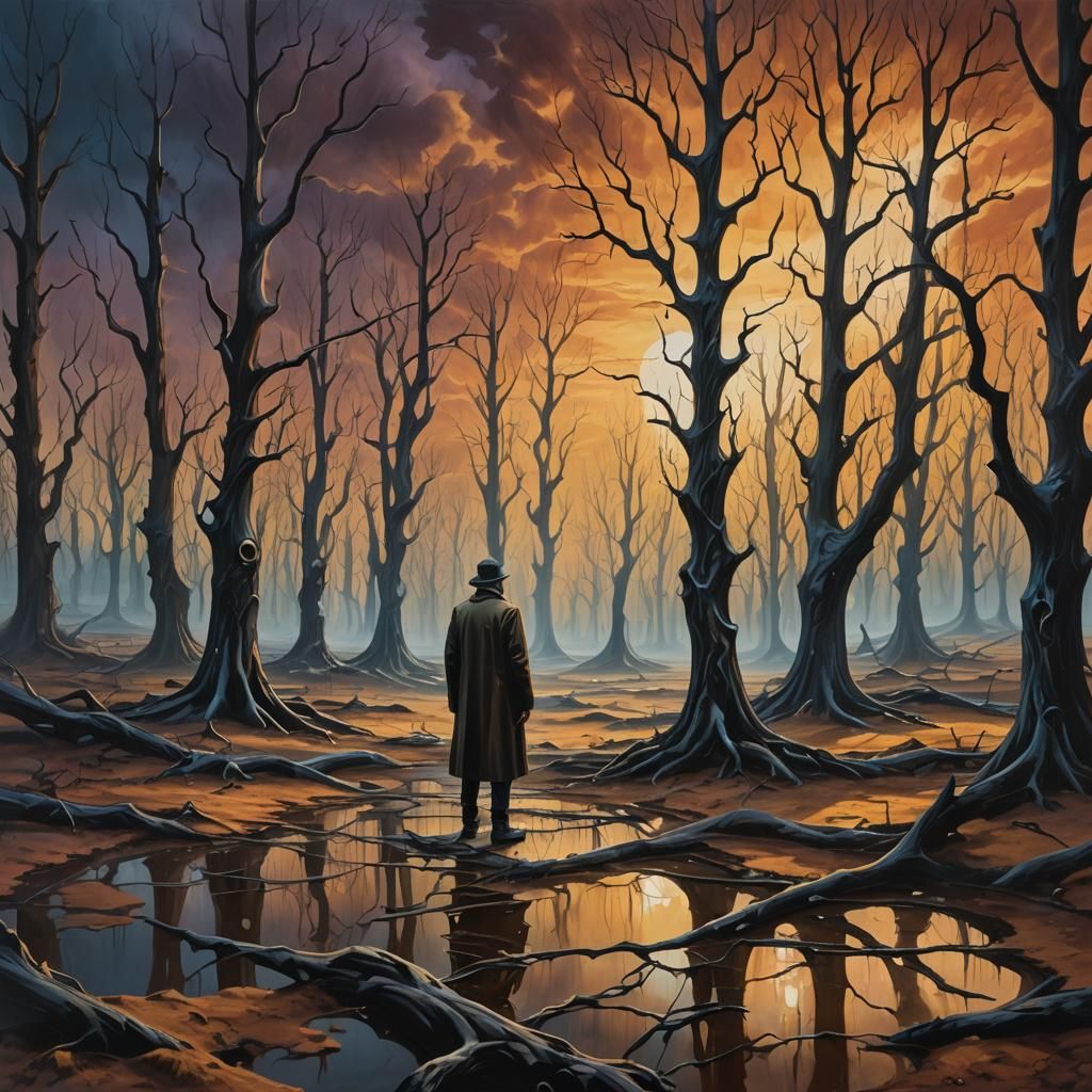Eerie Surrealist Landscape with Melting Trees