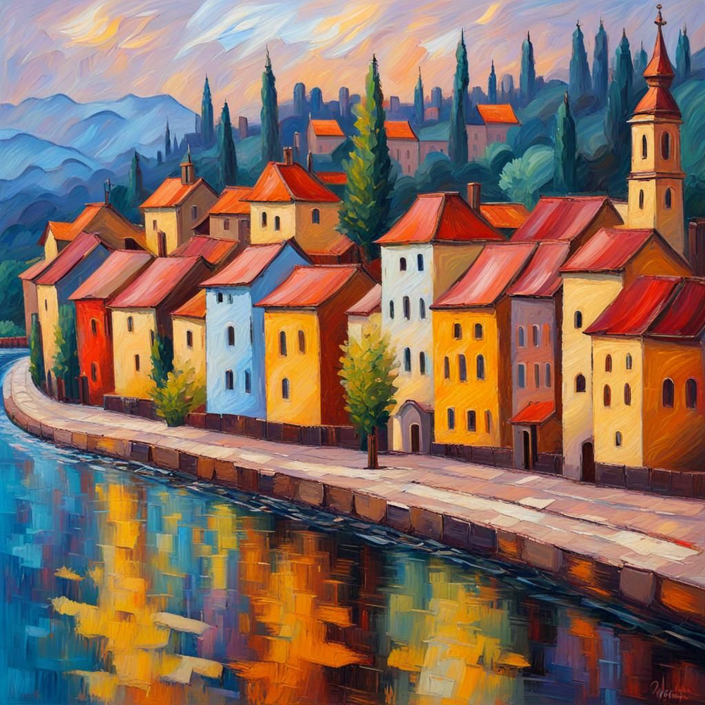 Riverside Town Church in Expressionist Oil Painting