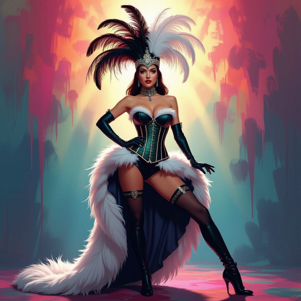 Hyperrealistic Showgirl in Feathers and Corset