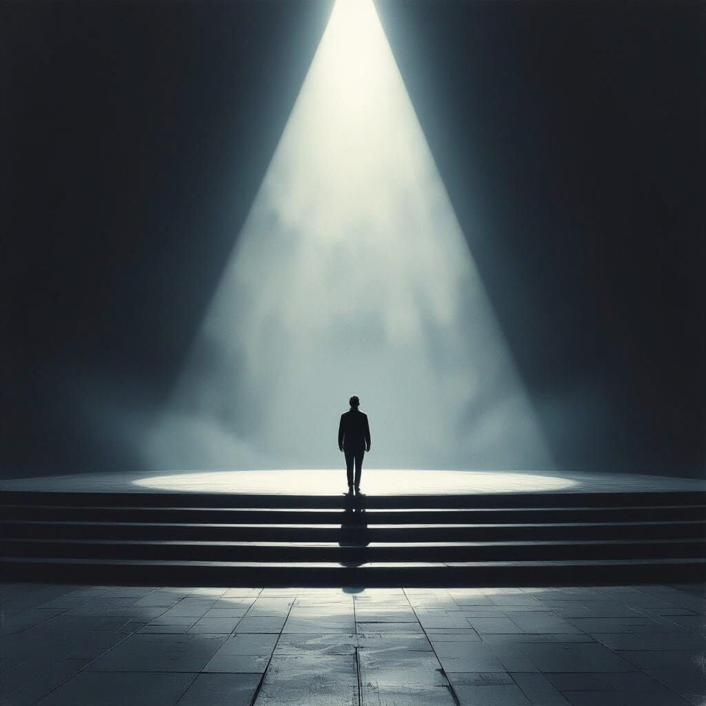 Solitary Figure on Infinite Stage Under Spotlight