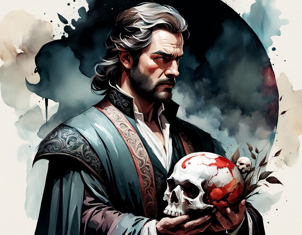 Opera Scene: Man Holds Skull in Watercolor Style