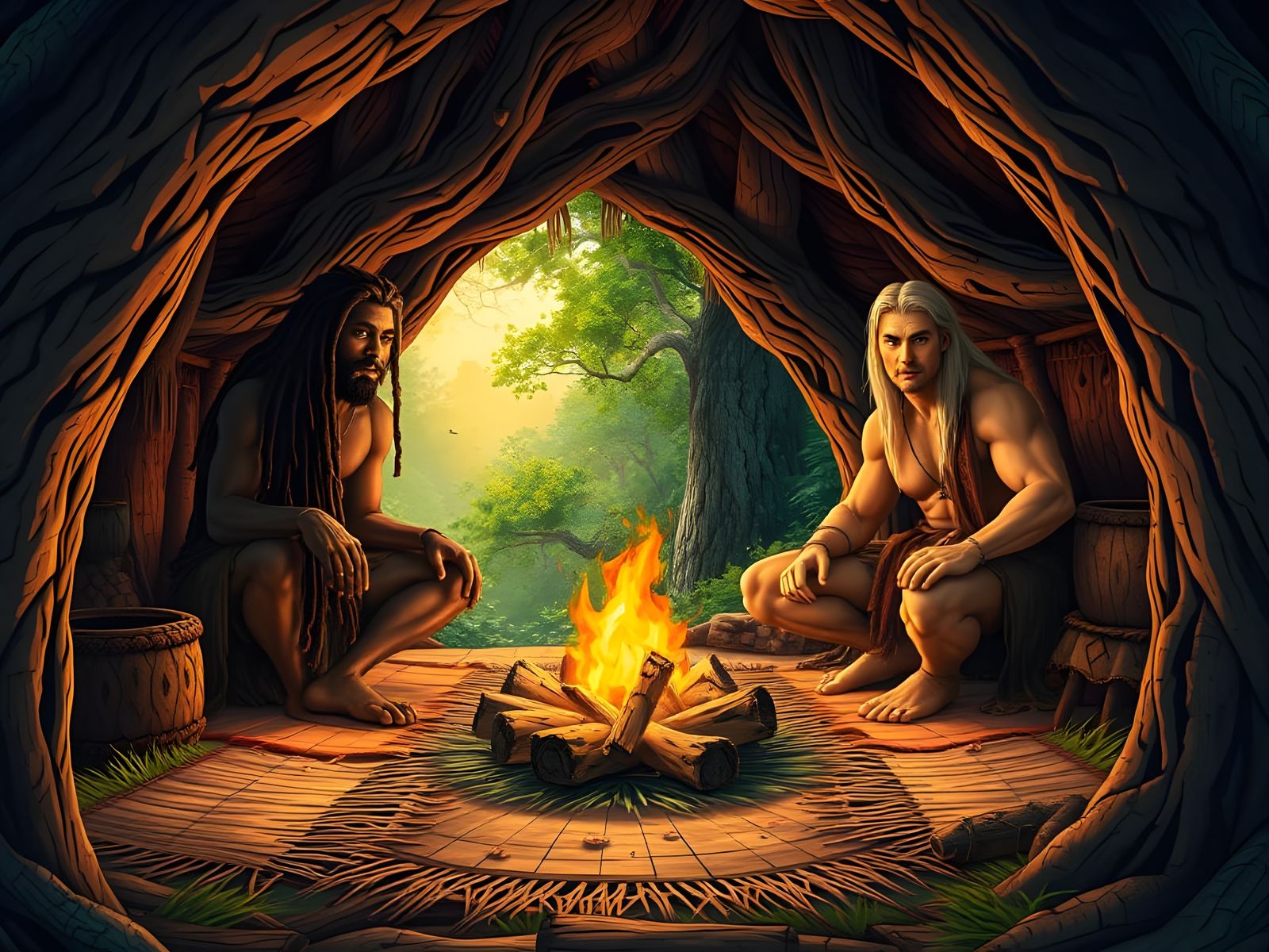 Cozy Primitive Treehouse Scene with Two Muscular Cavemen