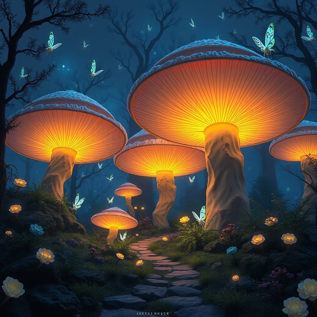 A bioluminescent mushroom forest