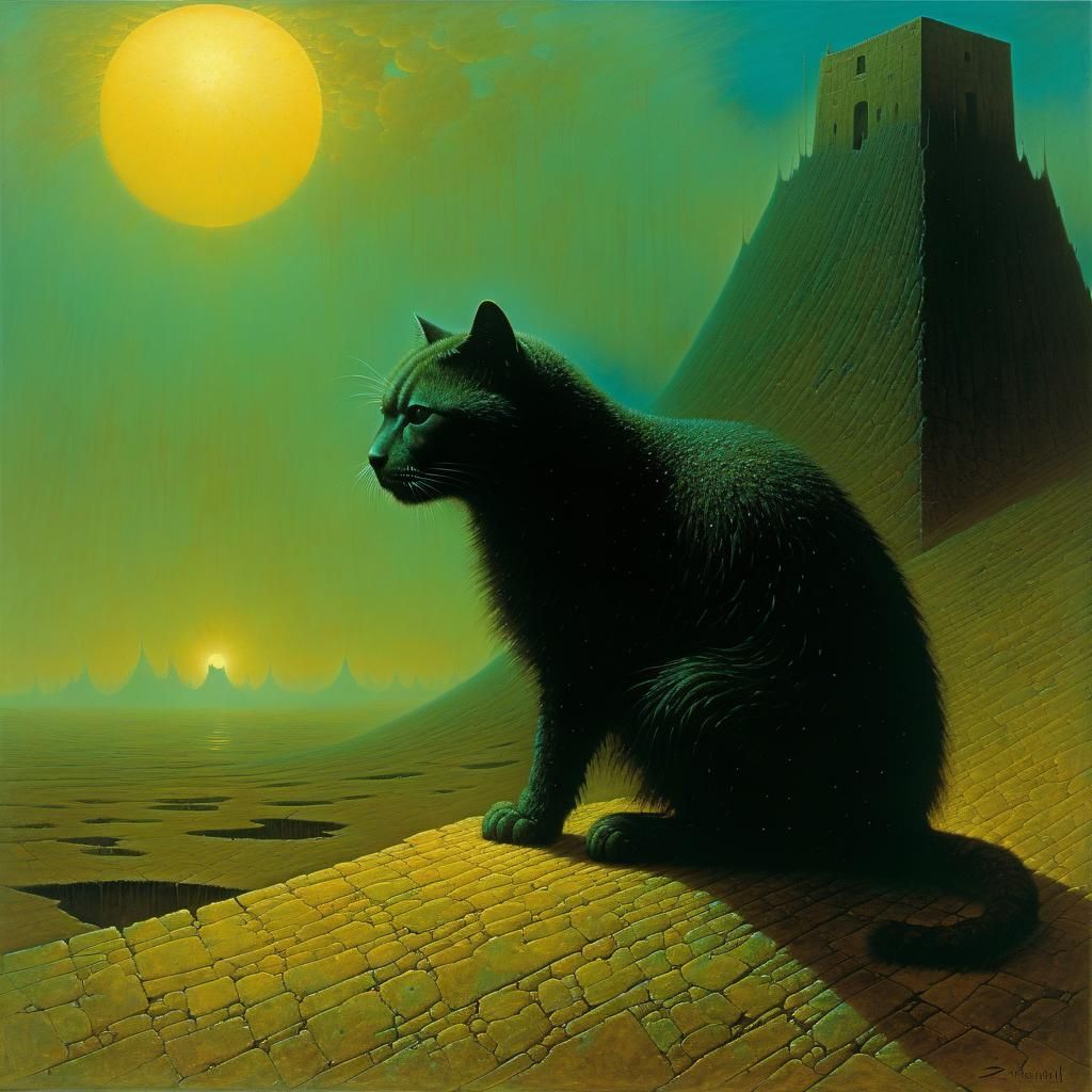 cat painting by Zdzisław Beksiński