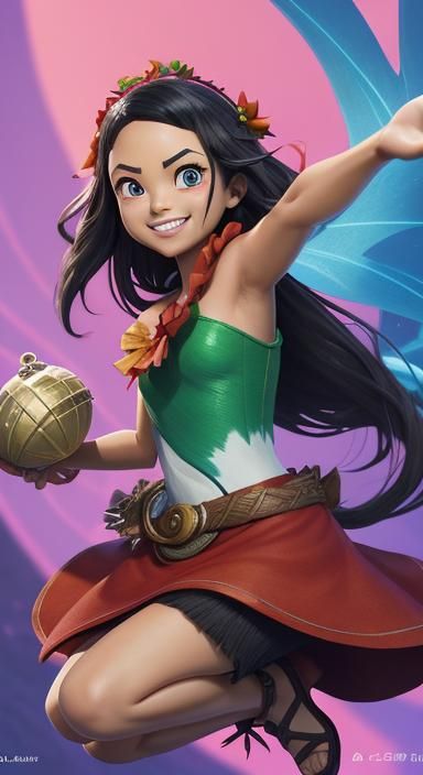 Moana Fairy Girl and Cat in Anime Style