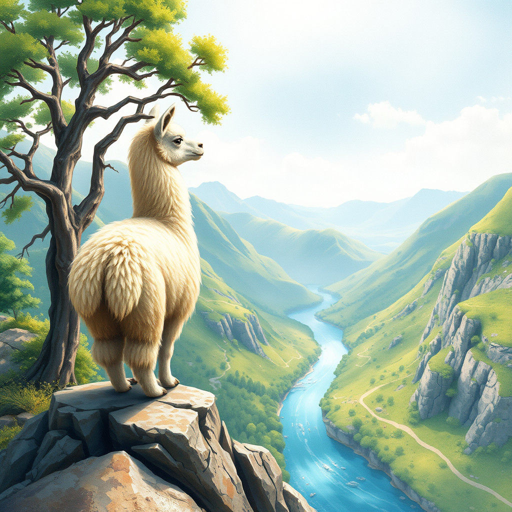 Alpaca on Mountain Peak in Watercolor Style